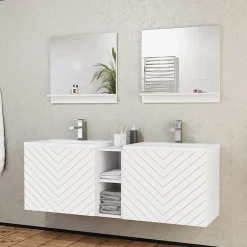 Garnero Arredamenti Mobile bagno sospeso 143cm con doppio lavabo e specchio serigrafato bianco Baden 6 Bianco Lucido Outlet