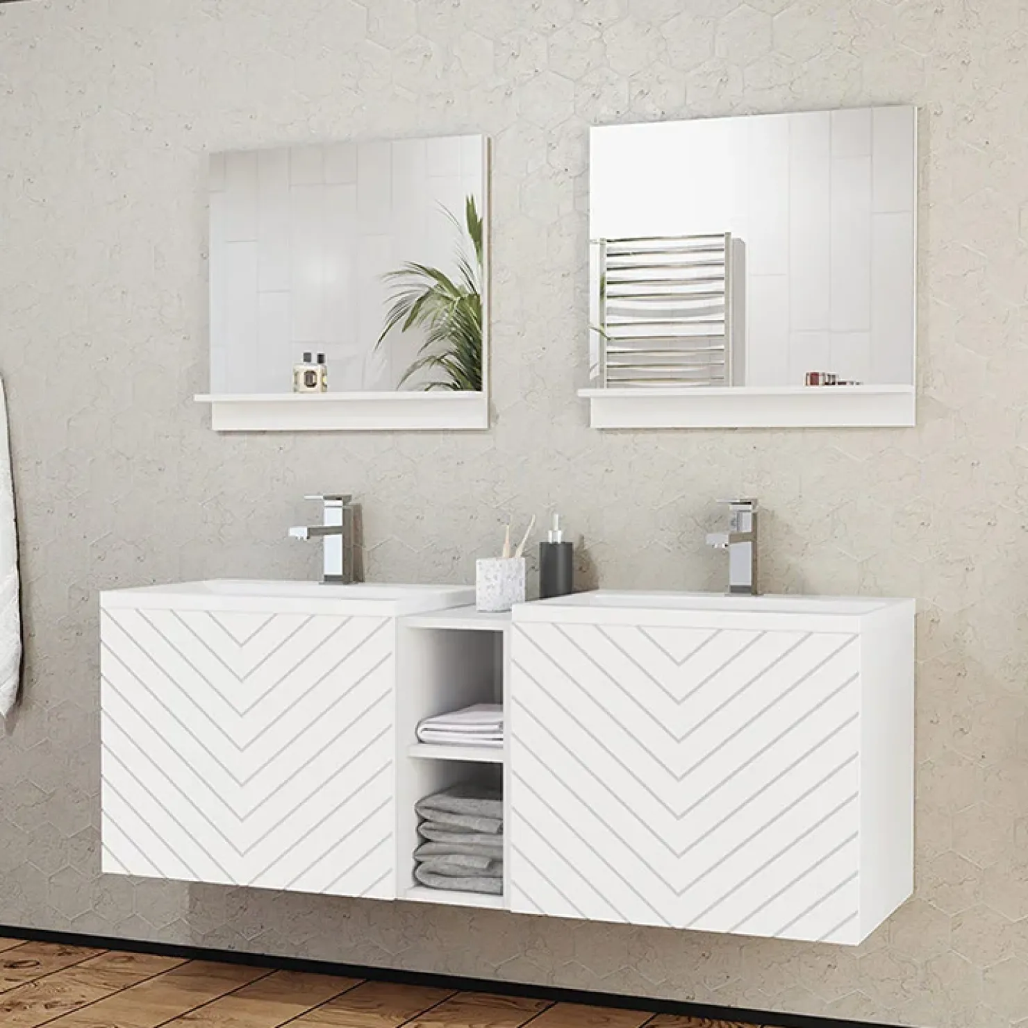 Garnero Arredamenti Mobile bagno sospeso 143cm con doppio lavabo e specchio serigrafato bianco Baden 6 Bianco Lucido Outlet