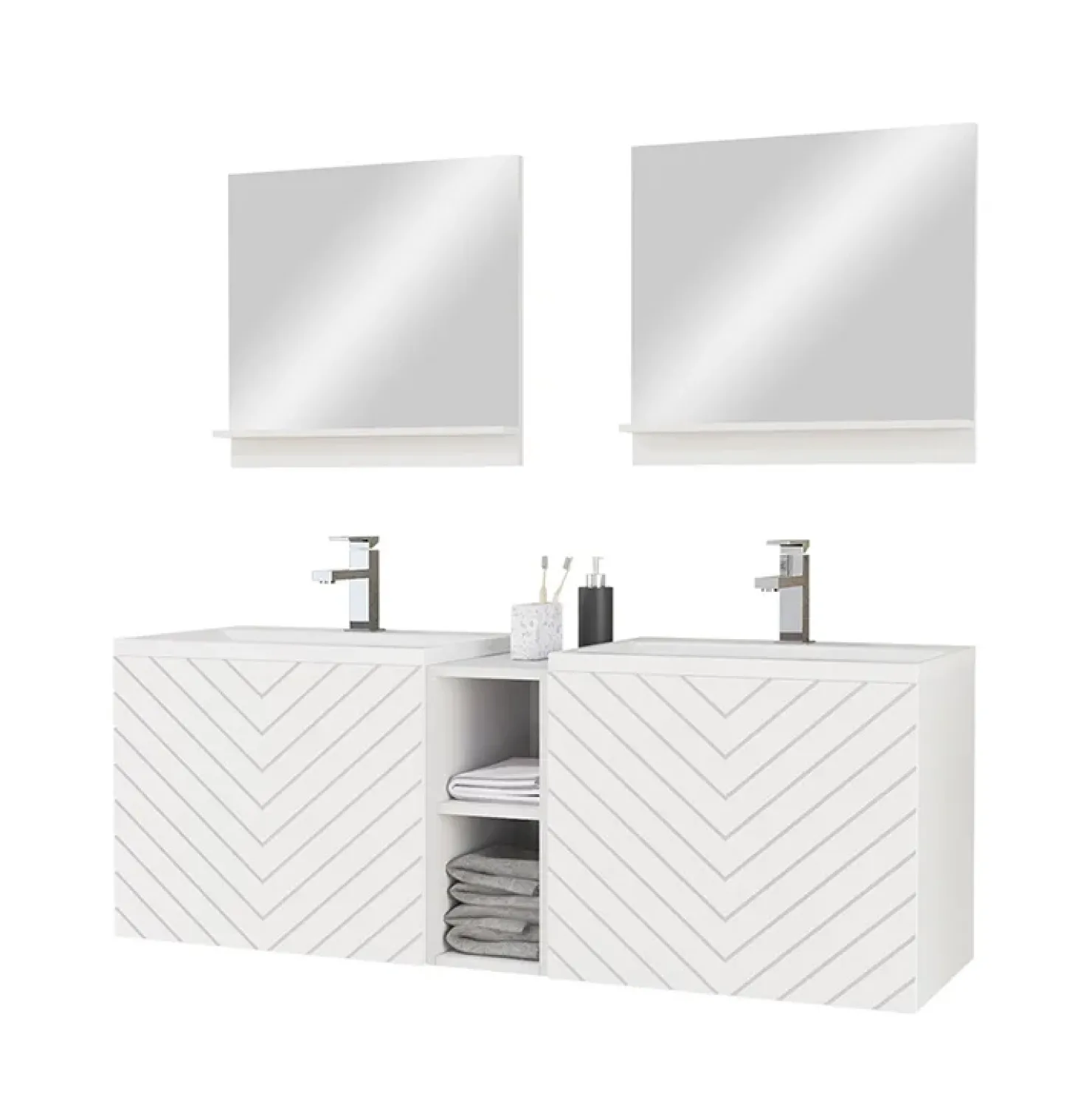 Garnero Arredamenti Mobile bagno sospeso 143cm con doppio lavabo e specchio serigrafato bianco Baden 6 Bianco Lucido Outlet