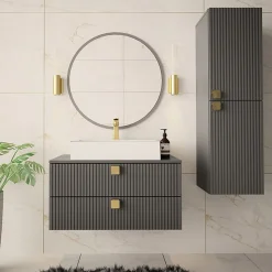 Garnero Arredamenti Mobile bagno sospeso 80cm con colonna 2 cassetti grigio Bursa 2 Grigio - Oro