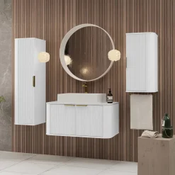 Garnero Arredamenti Mobile bagno sospeso 90cm con lavabo, colonna e pensile cannettato bianco Lusso New