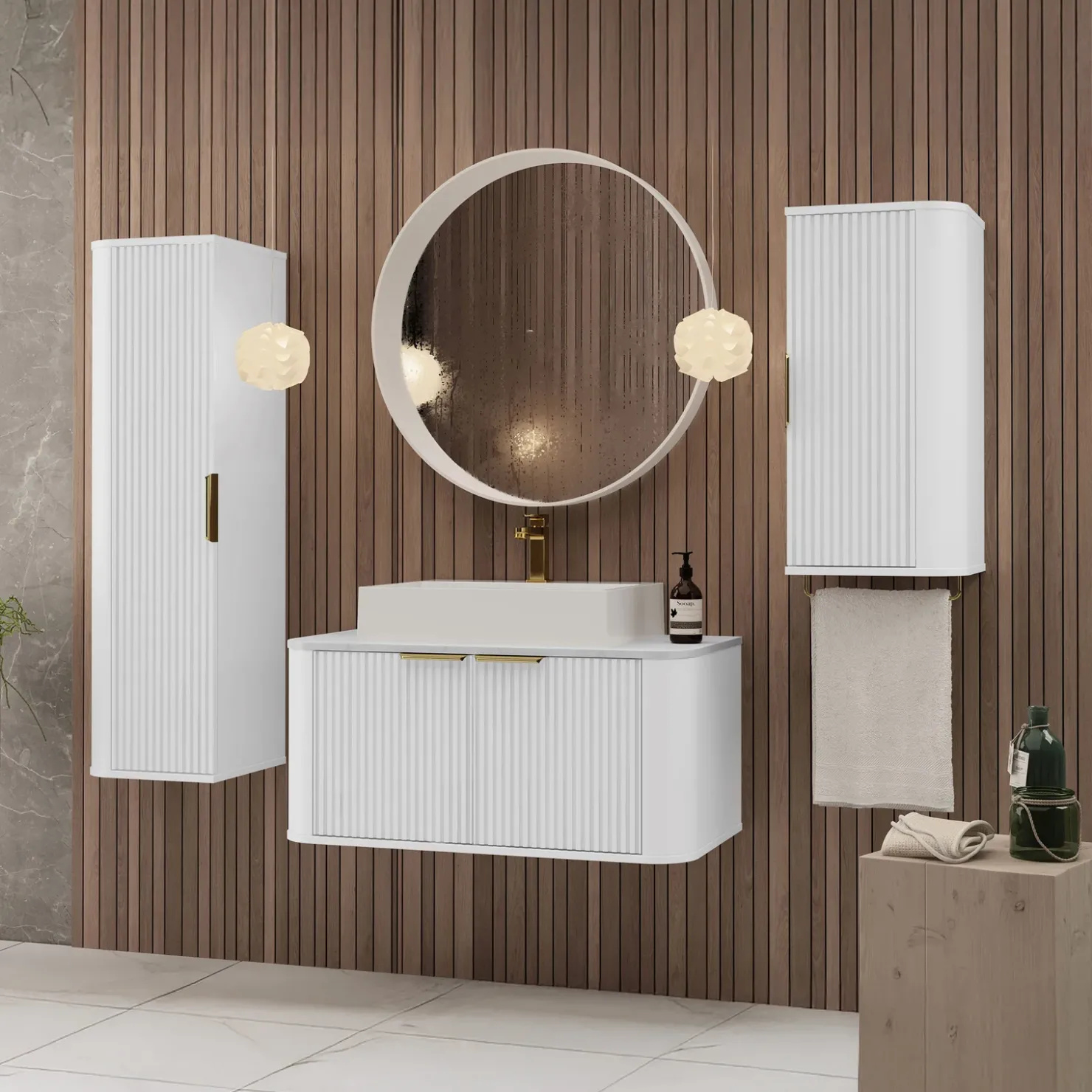 Garnero Arredamenti Mobile bagno sospeso 90cm con lavabo, colonna e pensile cannettato bianco Lusso New