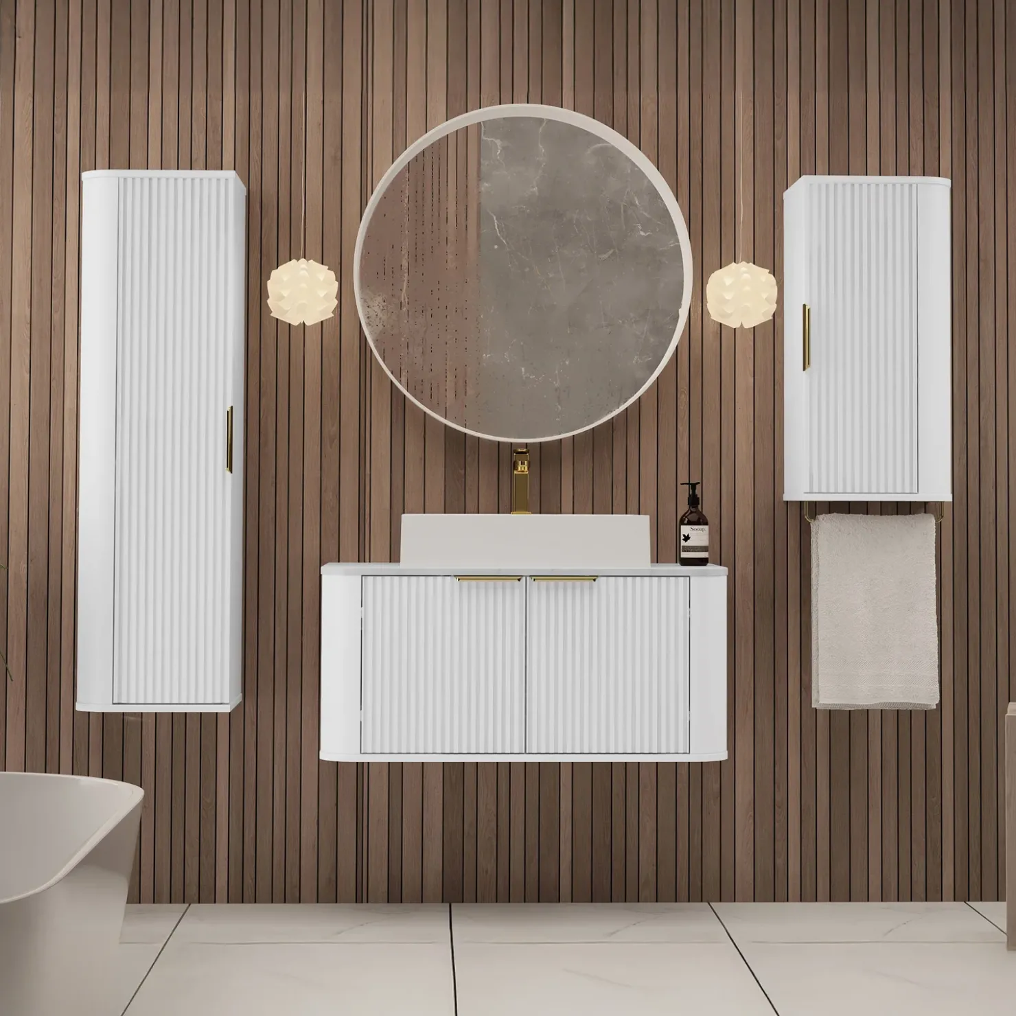 Garnero Arredamenti Mobile bagno sospeso 90cm con lavabo, colonna e pensile cannettato bianco Lusso New