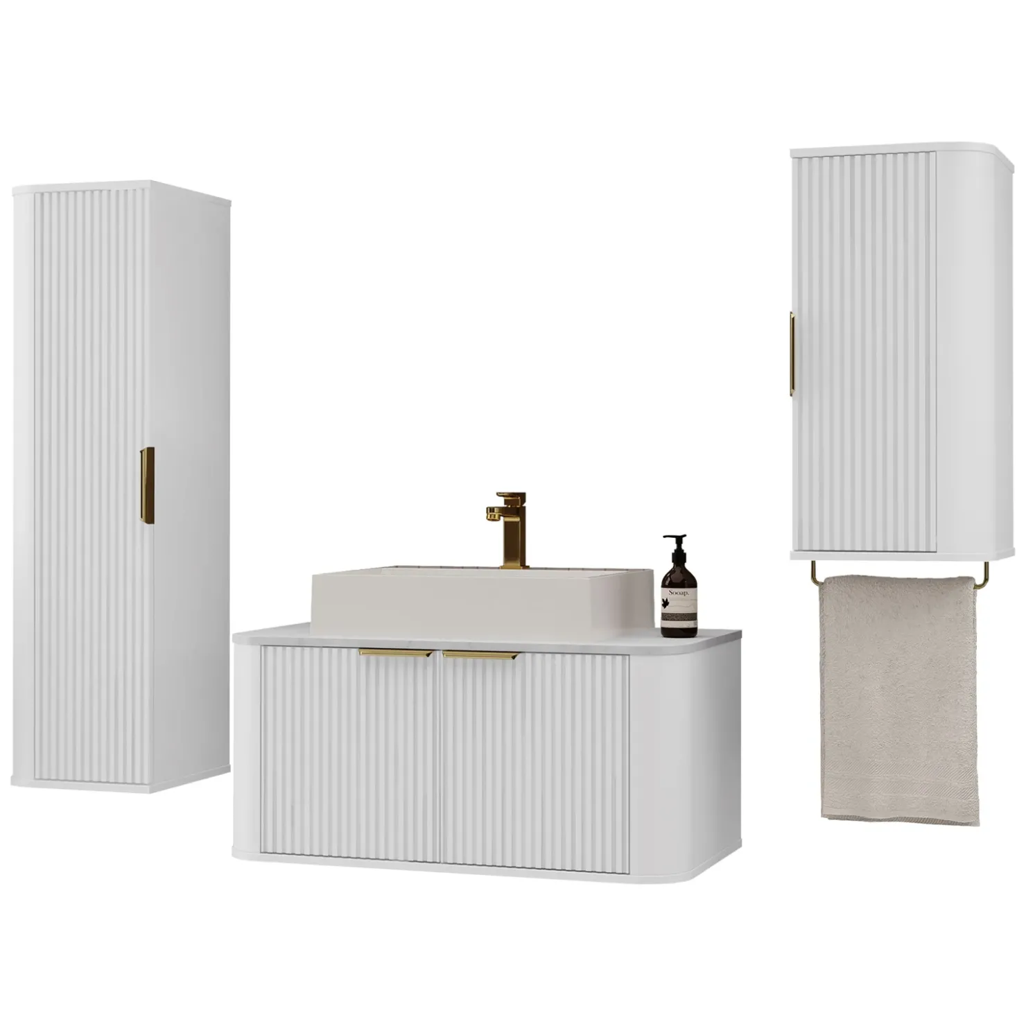 Garnero Arredamenti Mobile bagno sospeso 90cm con lavabo, colonna e pensile cannettato bianco Lusso New
