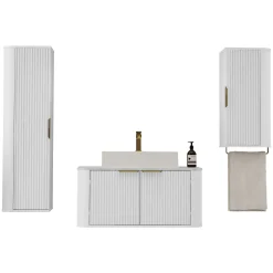 Garnero Arredamenti Mobile bagno sospeso 90cm con lavabo, colonna e pensile cannettato bianco Lusso New