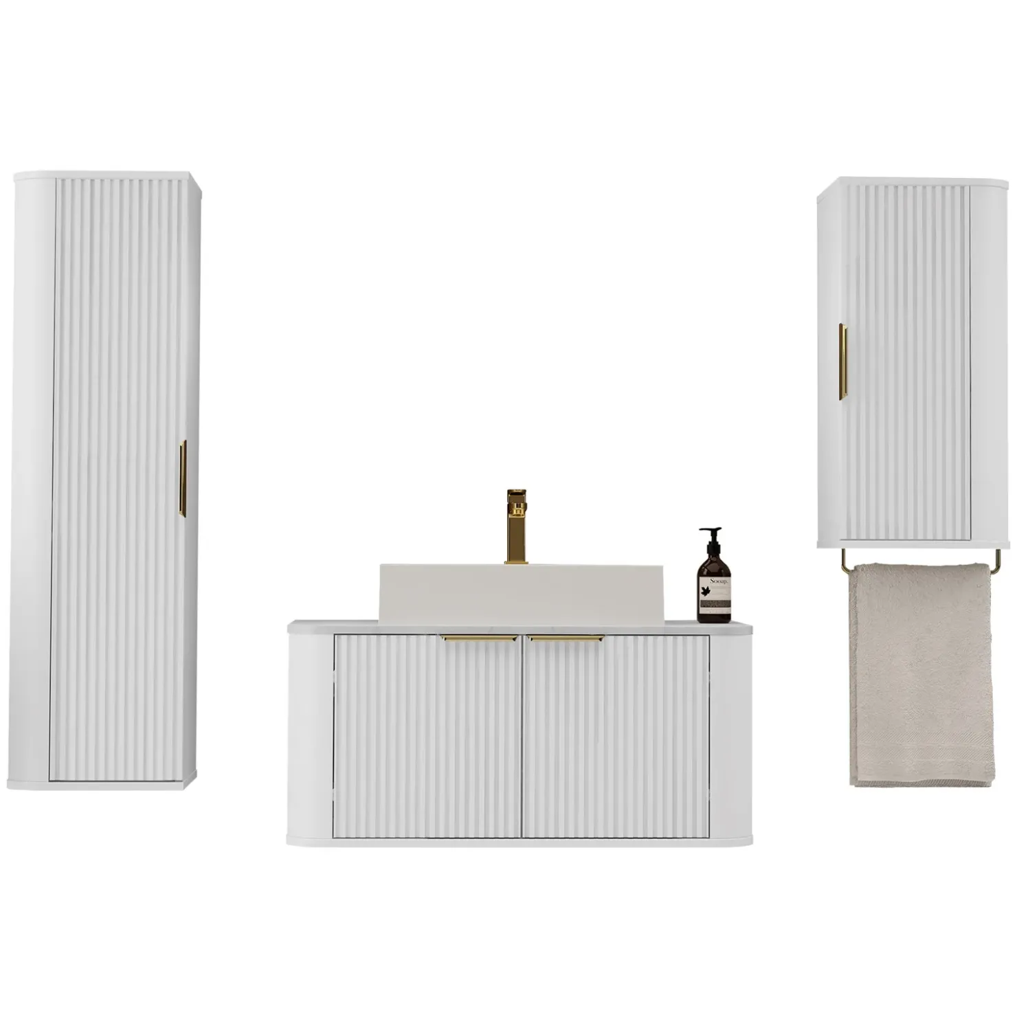 Garnero Arredamenti Mobile bagno sospeso 90cm con lavabo, colonna e pensile cannettato bianco Lusso New
