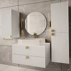 Garnero Arredamenti Mobile bagno sospeso 80cm con colonna e pensile maniglie oro bianco Bursa Bianco Lucido - Oro Outlet
