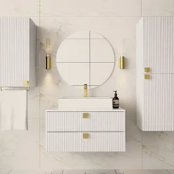 Garnero Arredamenti Mobile bagno sospeso 80cm con colonna e pensile maniglie oro bianco Bursa Bianco Lucido - Oro Outlet