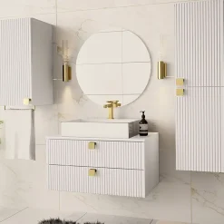 Garnero Arredamenti Mobile bagno sospeso 80cm con colonna e pensile maniglie oro bianco Bursa Bianco Lucido - Oro Outlet