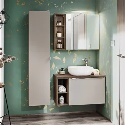Garnero Arredamenti Mobile bagno sospeso 60cm con lavabo, mobile specchio, colonna e vani grigio quercia Serif Best