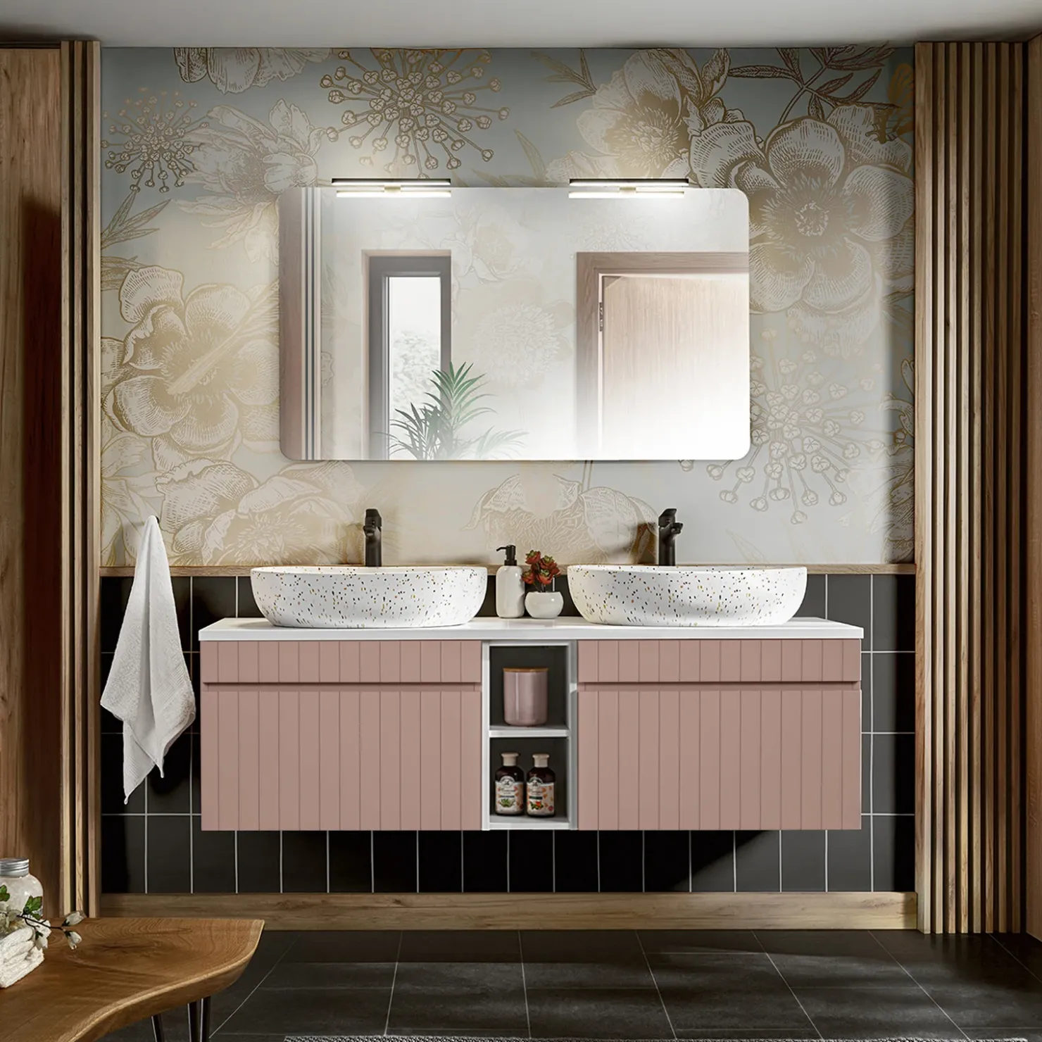 Garnero Arredamenti Mobile bagno sospeso 140cm cannettato 2 cassettoni Autentic Rosa Online