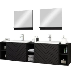 Garnero Arredamenti Mobile bagno sospeso 190cm con doppio lavabo e specchi serigrafato nero Baden 4 Nero Opaco Best