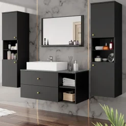 Garnero Arredamenti Mobile bagno sospeso 100cm con lavabo, specchio e 2 colonne nero Krom Nero Opaco Outlet