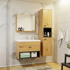 Garnero Arredamenti Mobile bagno sospeso 60cm con lavabo, specchio e colonna moderno nero Florentina Rovere Sale