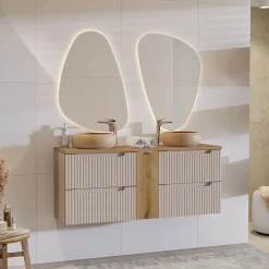 Garnero Arredamenti Mobile bagno sospeso 140cm cannettato 4 cassetti beige rovere Cleany Beige - Rovere Hot