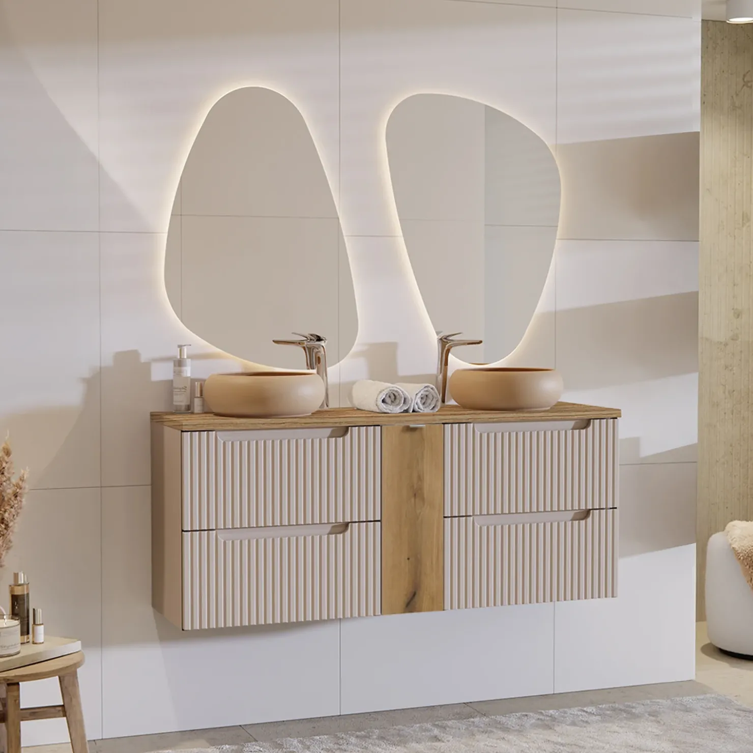 Garnero Arredamenti Mobile bagno sospeso 140cm cannettato 4 cassetti beige rovere Cleany Beige - Rovere Hot