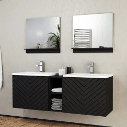 Garnero Arredamenti Mobile bagno sospeso 143cm con doppio lavabo e specchio serigrafato nero Baden 6 Nero Lucido Clearance