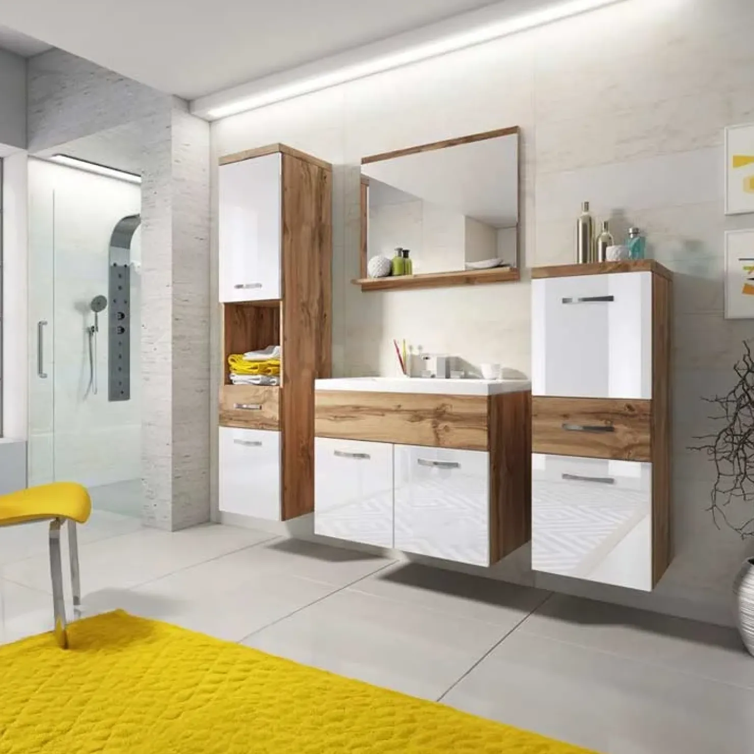 Garnero Arredamenti Mobile bagno sospeso 60cm con lavabo, specchio e colonne bianco rovere Loretta Bianco Lucido - Rovere Rustico Sale
