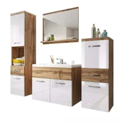 Garnero Arredamenti Mobile bagno sospeso 60cm con lavabo, specchio e colonne bianco rovere Loretta Bianco Lucido - Rovere Rustico Sale