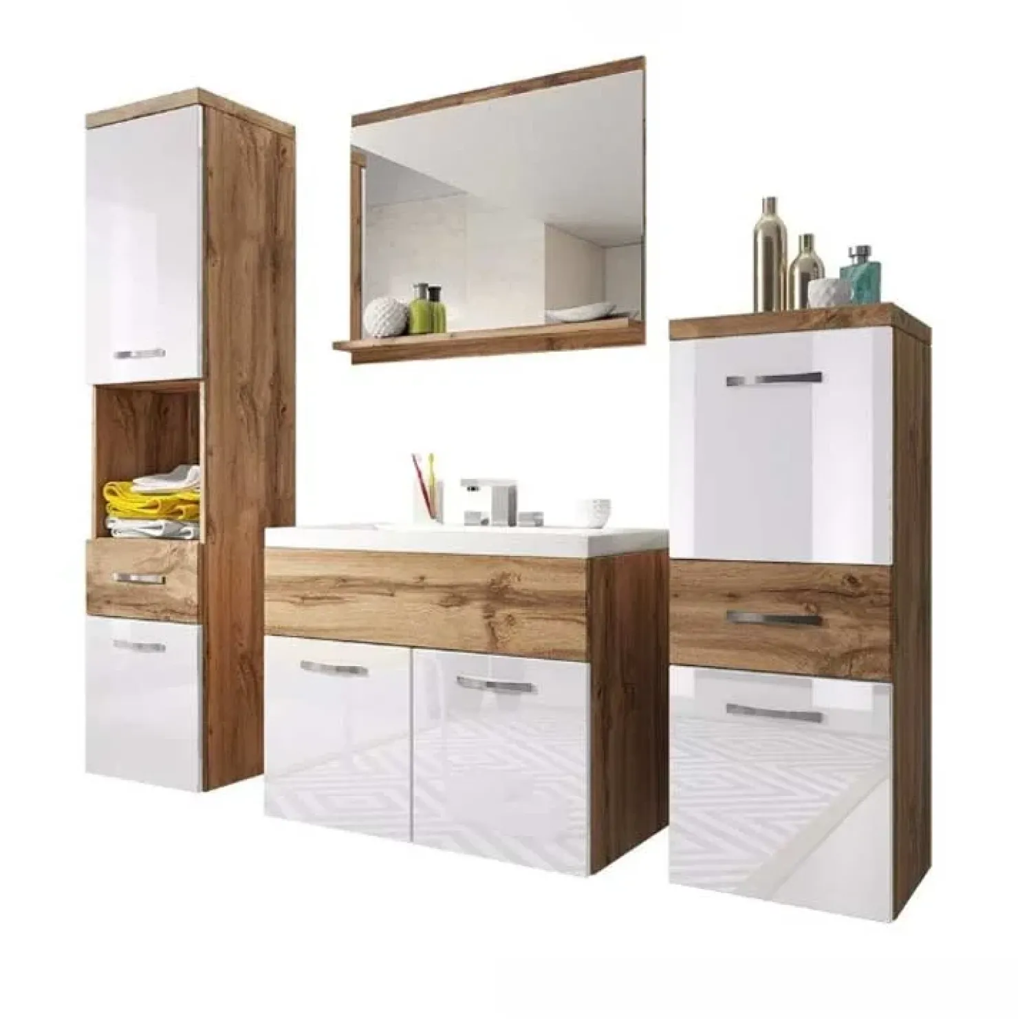 Garnero Arredamenti Mobile bagno sospeso 60cm con lavabo, specchio e colonne bianco rovere Loretta Bianco Lucido - Rovere Rustico Sale