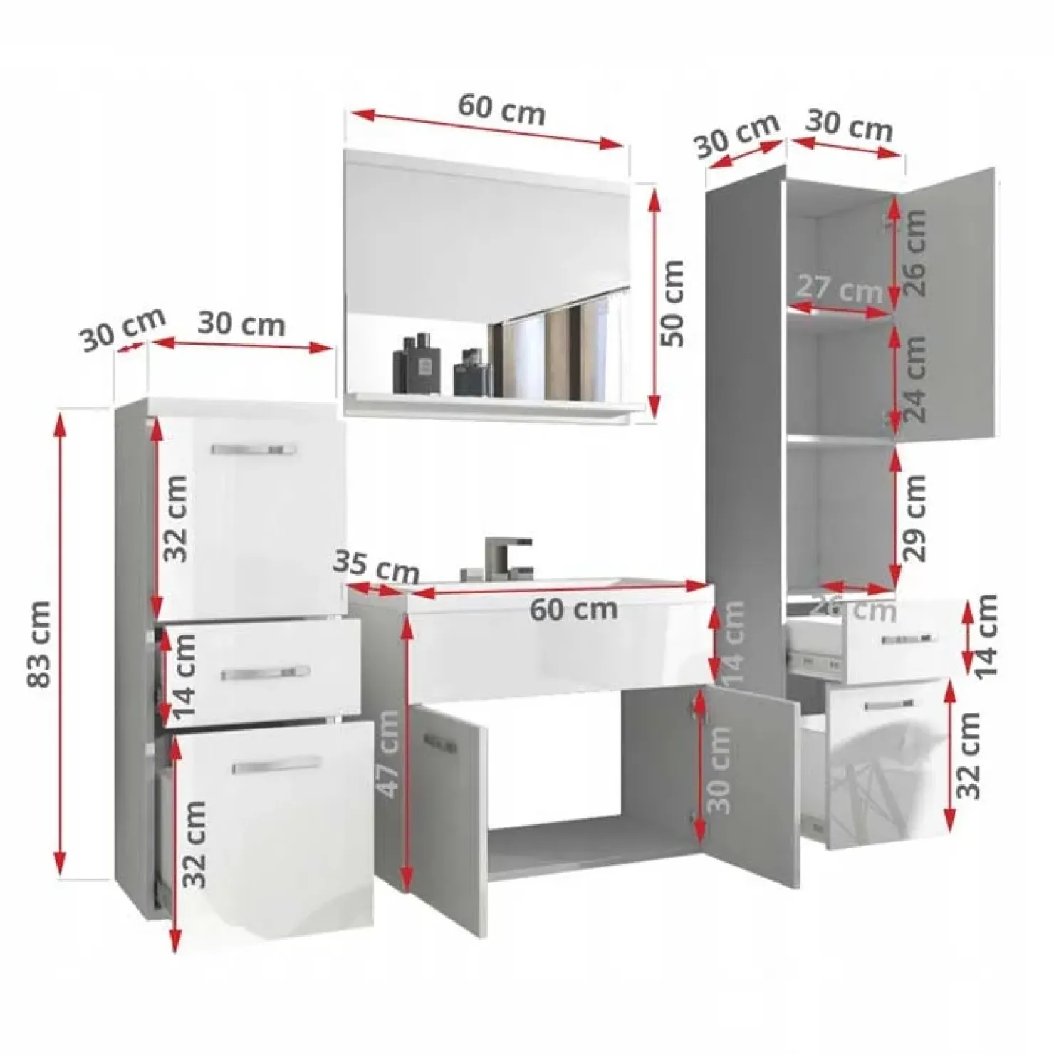 Garnero Arredamenti Mobile bagno sospeso 60cm con lavabo, specchio e colonne bianco rovere Loretta Bianco Lucido - Rovere Rustico Sale