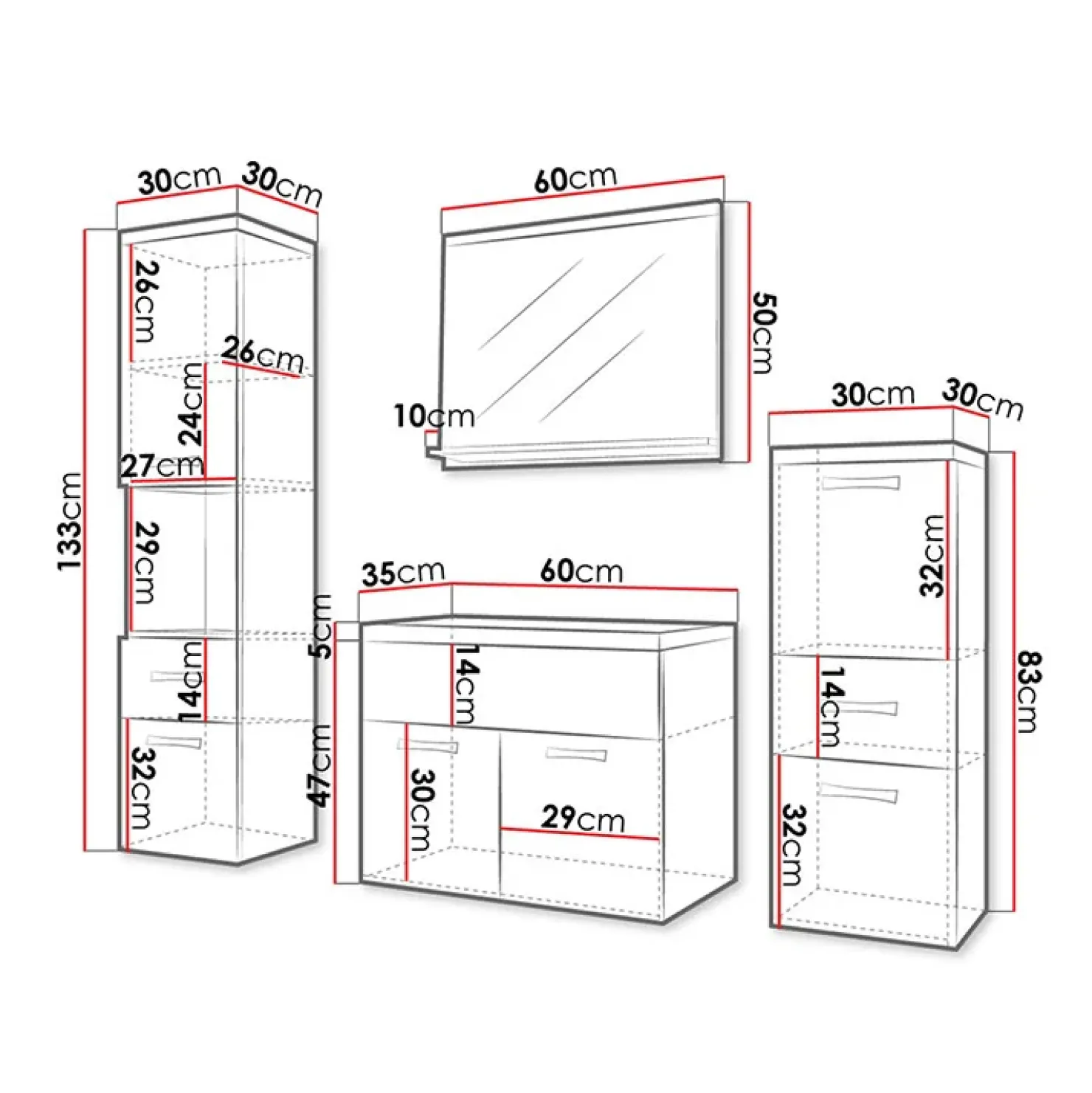 Garnero Arredamenti Mobile bagno sospeso 60cm con lavabo, specchio e colonne bianco rovere Loretta Bianco Lucido - Rovere Rustico Sale