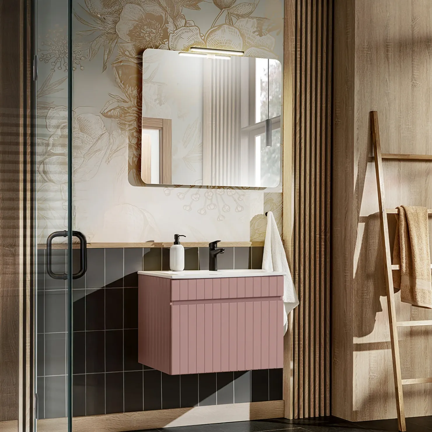 Garnero Arredamenti Mobile bagno sospeso 60cm cannettato con lavabo 1 cassettone Autentic Rosa Sale