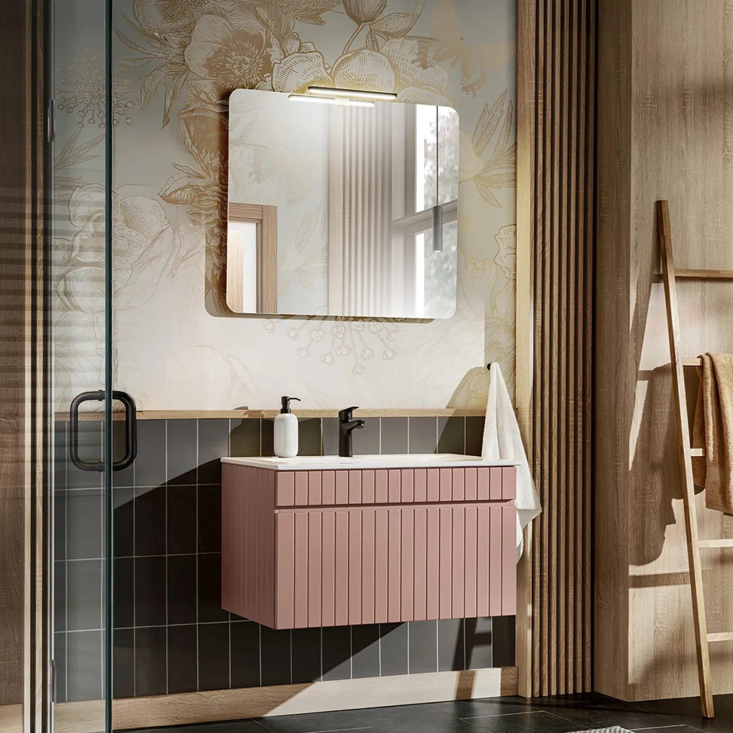 Garnero Arredamenti Mobile bagno sospeso 80cm cannettato con lavabo 1 cassettone Autentic Rosa New
