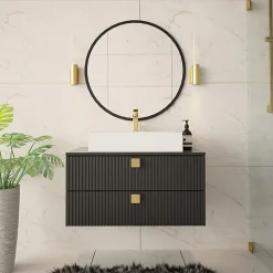 Garnero Arredamenti Mobile bagno sospeso 80cm con lavabo 2 cassetti maniglie oro nero Bursa 4 Nero Lucido - Oro Outlet