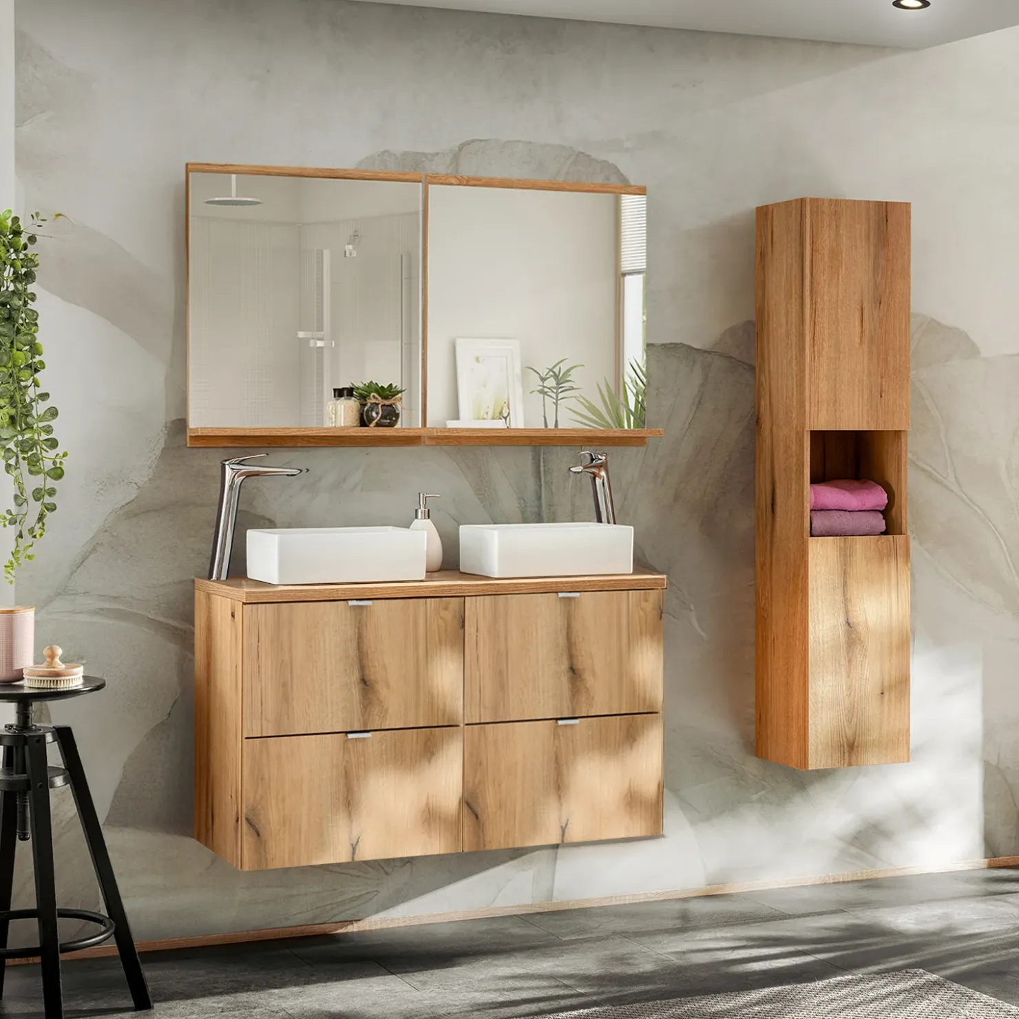 Garnero Arredamenti Mobile bagno sospeso 100cm con 2 lavabi e colonna rovere Rovery