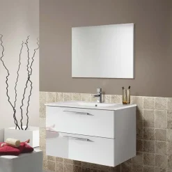 Garnero Arredamenti Mobile bagno sospeso 80cm con lavabo e specchio bianco lucido Elton Discount
