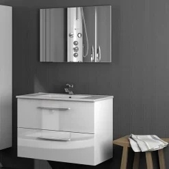 Garnero Arredamenti Mobile bagno sospeso 80cm con lavabo e specchio bianco lucido Elton Discount