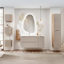 Garnero Arredamenti Mobile bagno sospeso 120cm con lavabo, specchio, colonna e 3 pensili beige rovere Swim Clearance