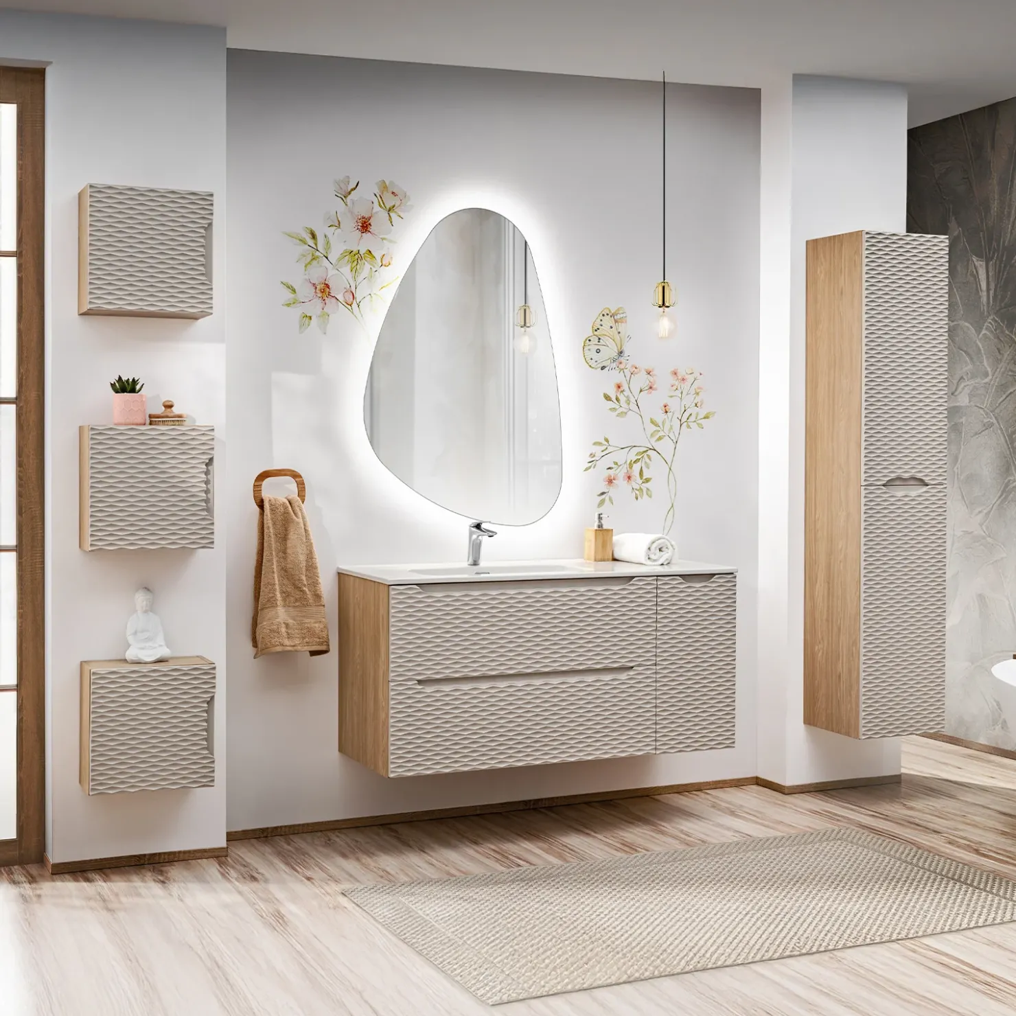 Garnero Arredamenti Mobile bagno sospeso 120cm con lavabo, specchio, colonna e 3 pensili beige rovere Swim Clearance