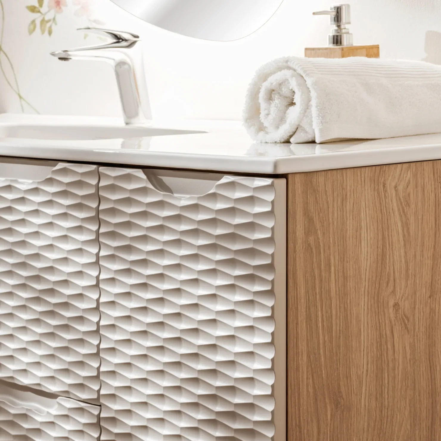 Garnero Arredamenti Mobile bagno sospeso 120cm con lavabo, specchio, colonna e 3 pensili beige rovere Swim Clearance