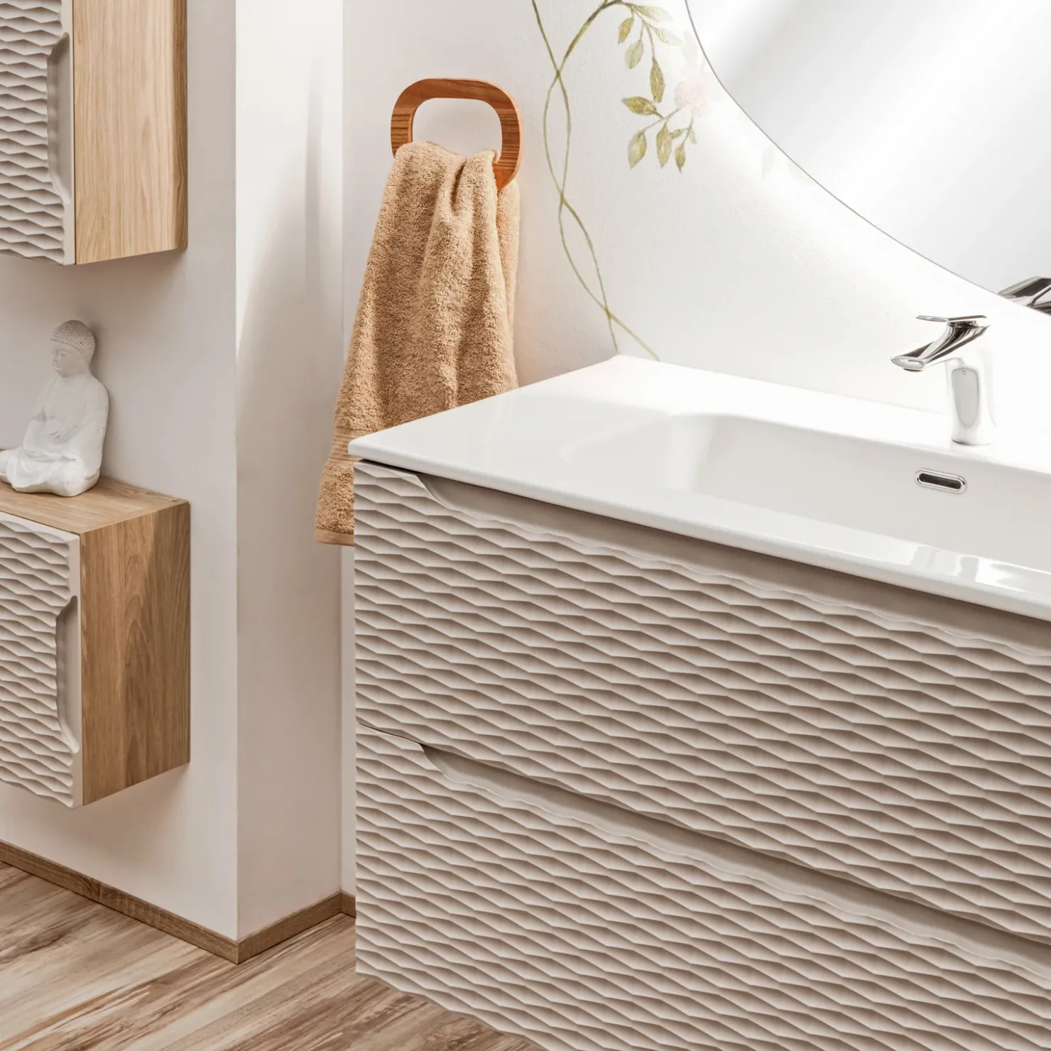 Garnero Arredamenti Mobile bagno sospeso 120cm con lavabo, specchio, colonna e 3 pensili beige rovere Swim Clearance