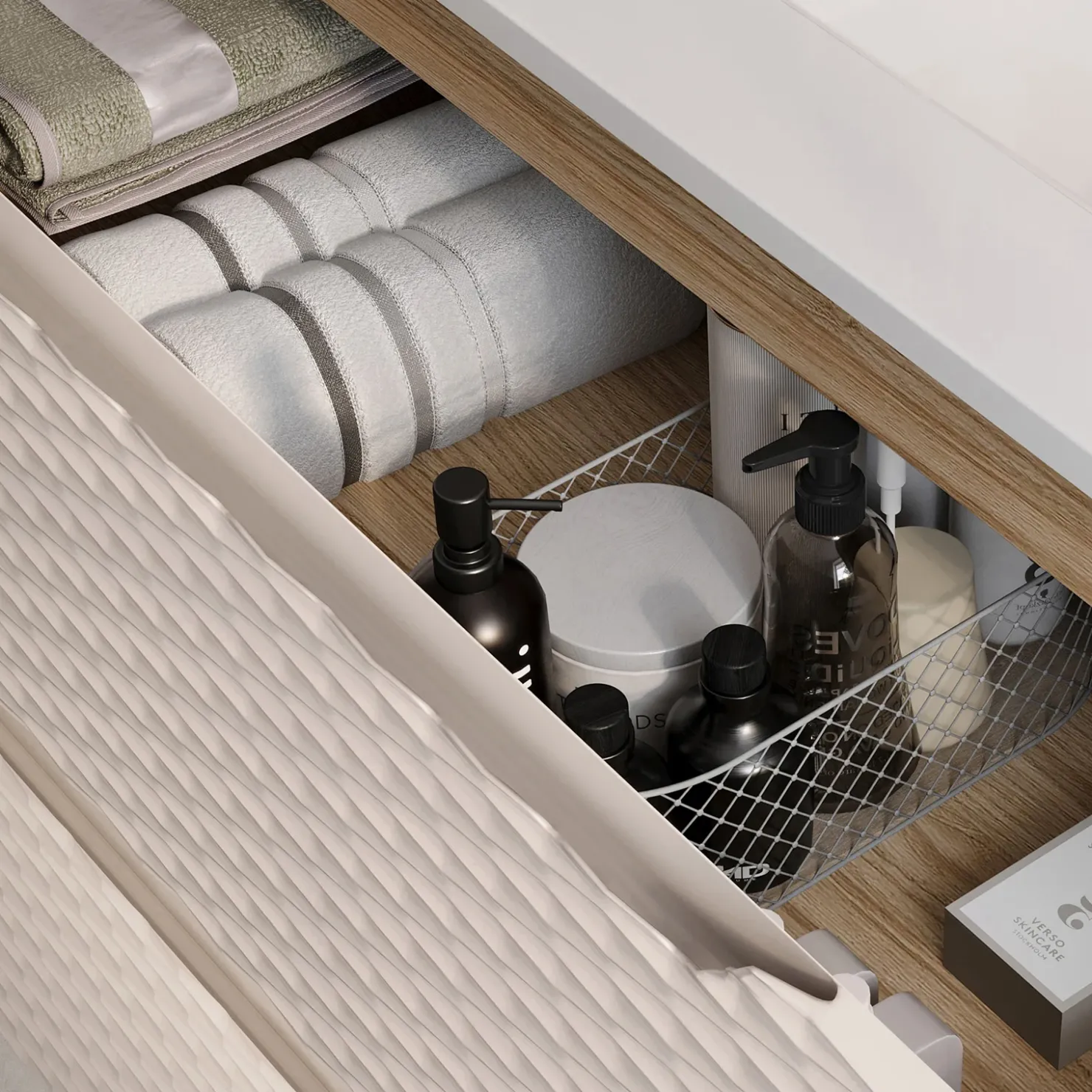 Garnero Arredamenti Mobile bagno sospeso 120cm con lavabo, specchio, colonna e 3 pensili beige rovere Swim Clearance