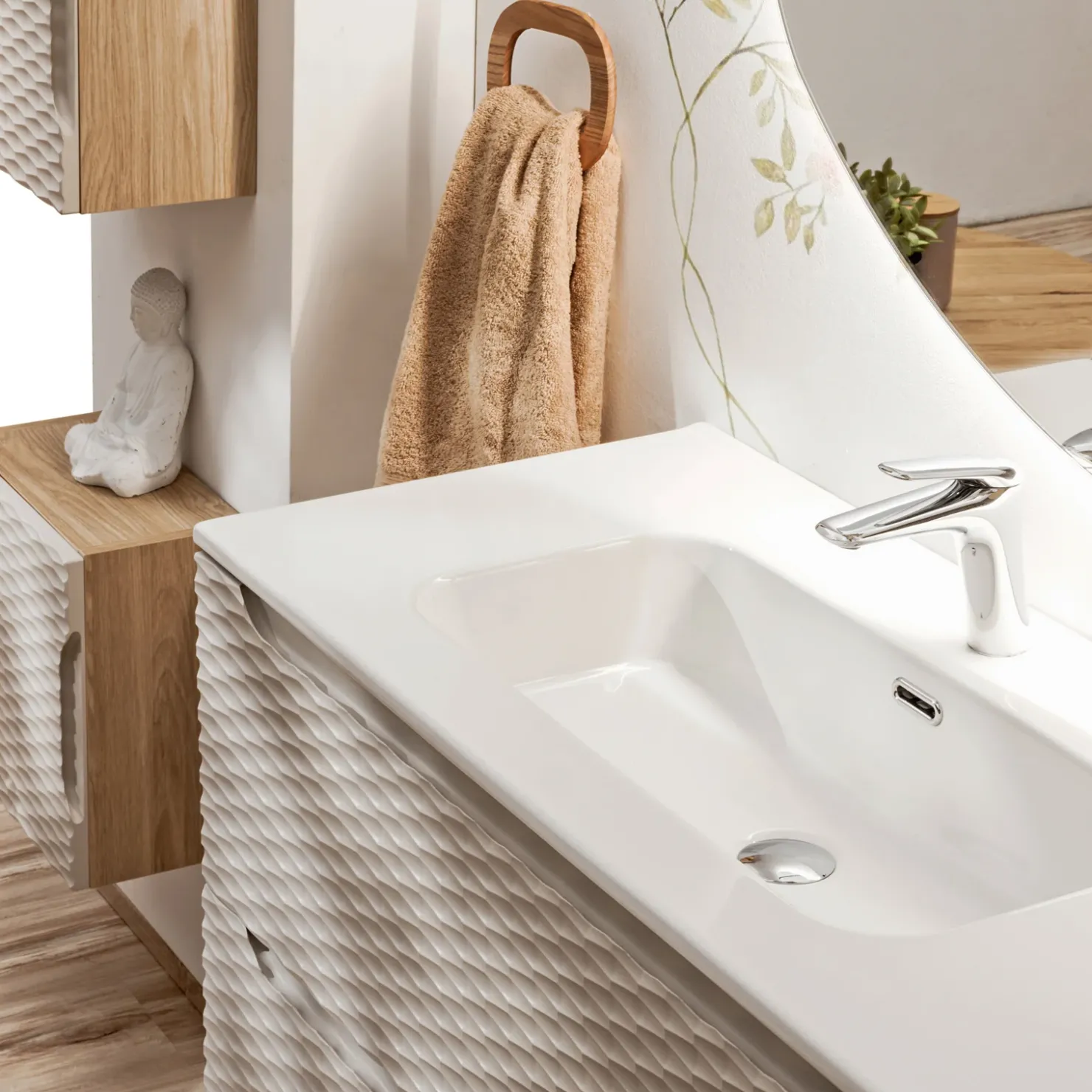 Garnero Arredamenti Mobile bagno sospeso 120cm con lavabo, specchio, colonna e 3 pensili beige rovere Swim Clearance
