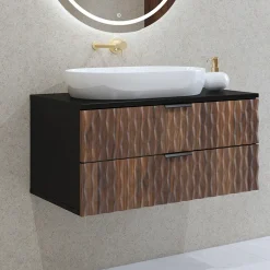 Garnero Arredamenti Mobile bagno sospeso 82cm con colonna e pensile nero frontali noce decorati Silvy