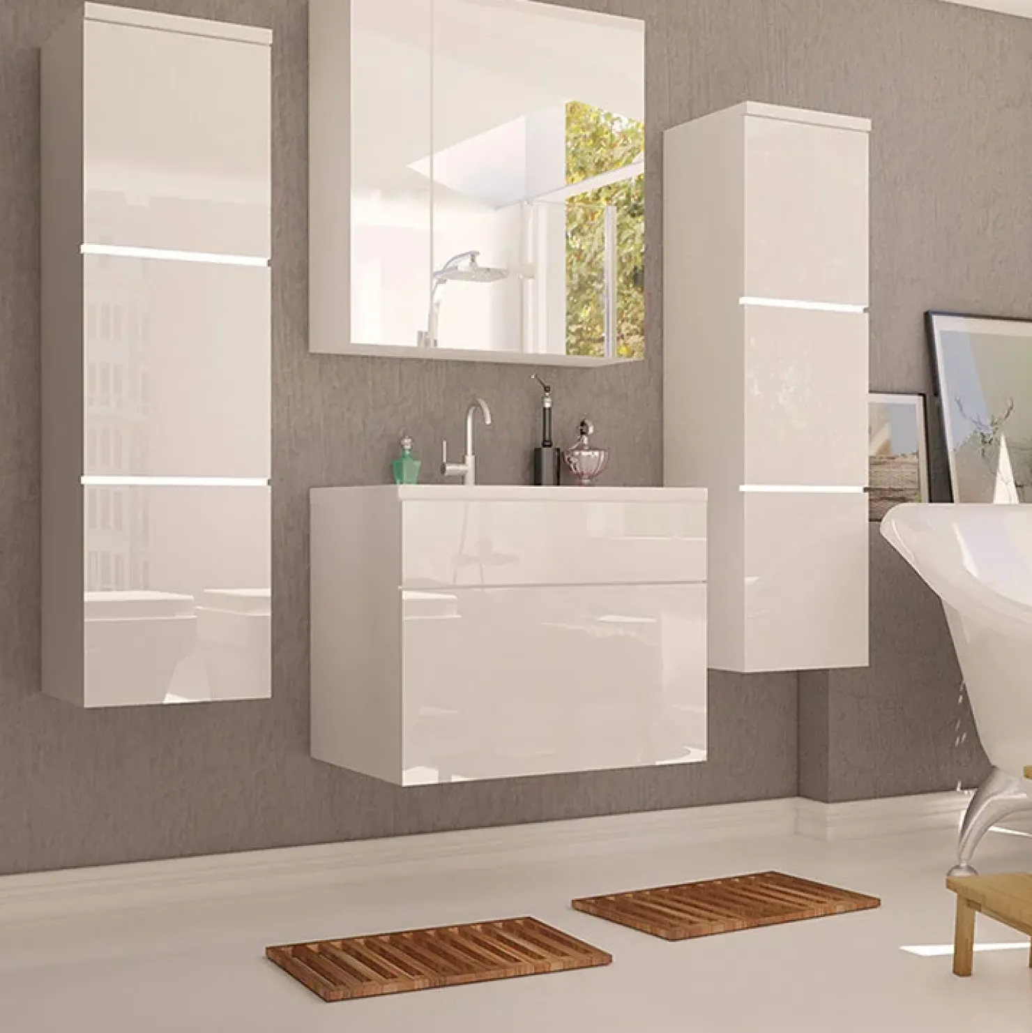 Garnero Arredamenti Mobile bagno sospeso 60cm con lavabo, specchio e colonne bianco lucido Teresa Best