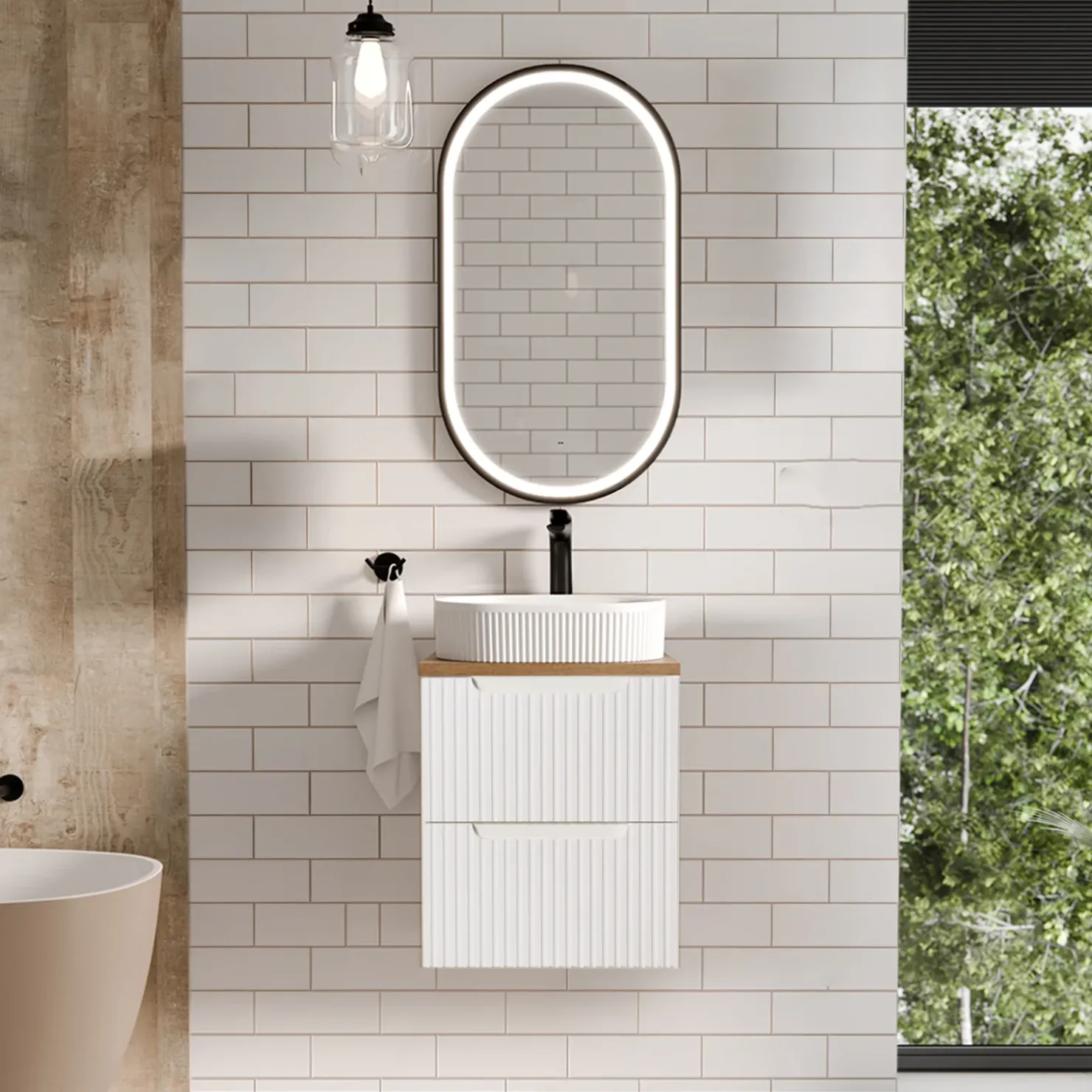 Garnero Arredamenti Mobile bagno sospeso 50cm cannettato 2 cassetti bianco rovere Cleany Bianco Opaco Sale