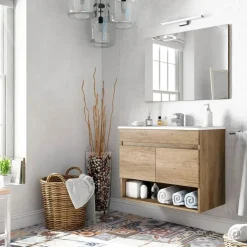 Garnero Arredamenti Mobile bagno sospeso 80cm con lavabo e specchio rovere nordik Dexter Outlet