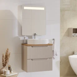 Garnero Arredamenti Mobile bagno sospeso 60cm cannettato 2 cassetti rovere Cleany Beige New
