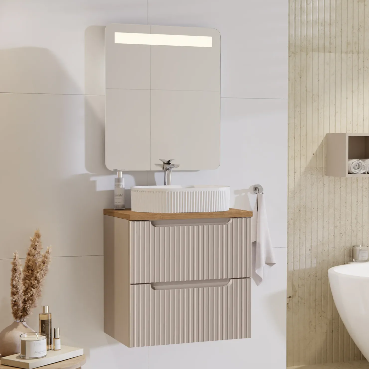 Garnero Arredamenti Mobile bagno sospeso 60cm cannettato 2 cassetti rovere Cleany Beige New