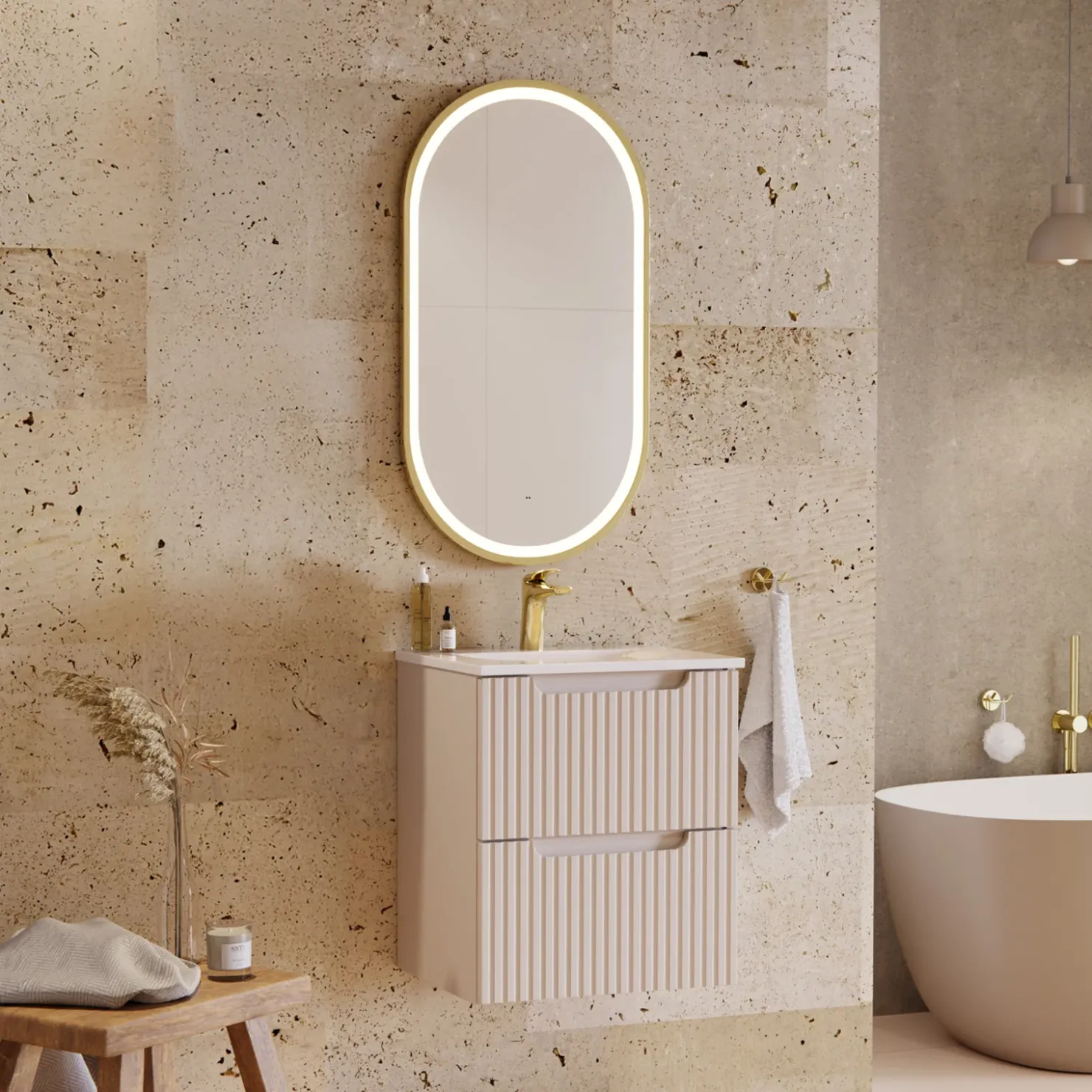 Garnero Arredamenti Mobile bagno sospeso 50cm cannettato con lavabo 2 cassetti Cleany Beige Best