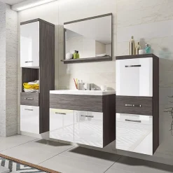 Garnero Arredamenti Mobile bagno sospeso 60cm con lavabo, specchio e colonne bianco lucido grigio scuro Loretta Bianco Lucido - Grigio Sale