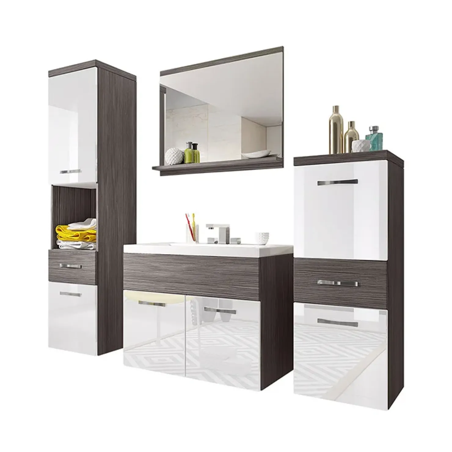 Garnero Arredamenti Mobile bagno sospeso 60cm con lavabo, specchio e colonne bianco lucido grigio scuro Loretta Bianco Lucido - Grigio Sale