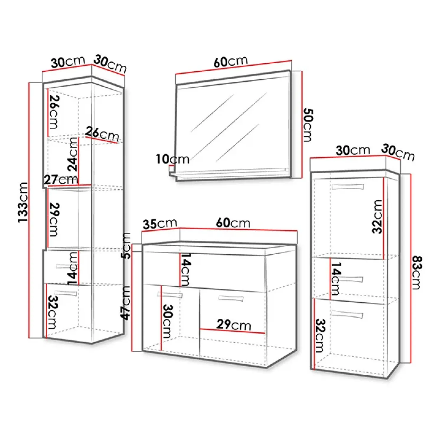 Garnero Arredamenti Mobile bagno sospeso 60cm con lavabo, specchio e colonne bianco lucido grigio scuro Loretta Bianco Lucido - Grigio Sale