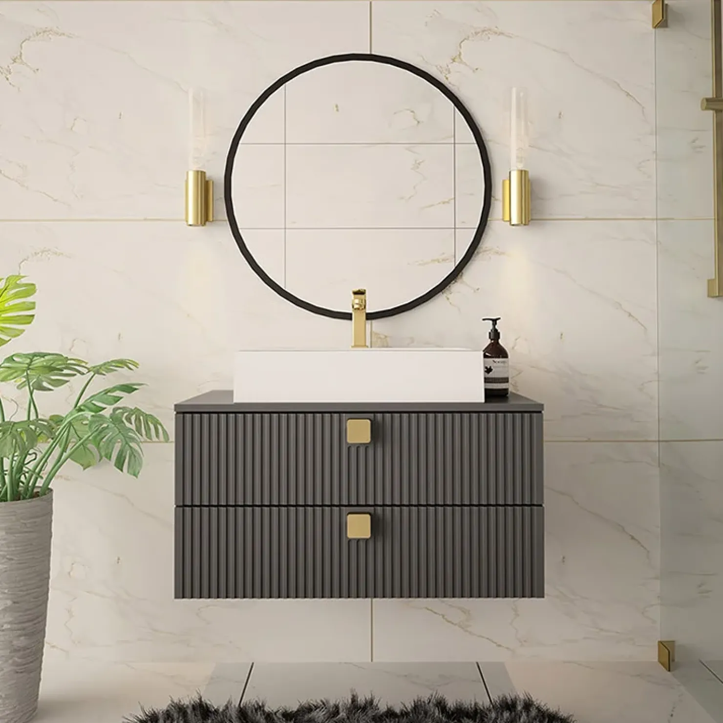 Garnero Arredamenti Mobile bagno sospeso 80cm con lavabo 2 cassetti maniglie oro grigio Bursa 4 Grigio - Oro Online