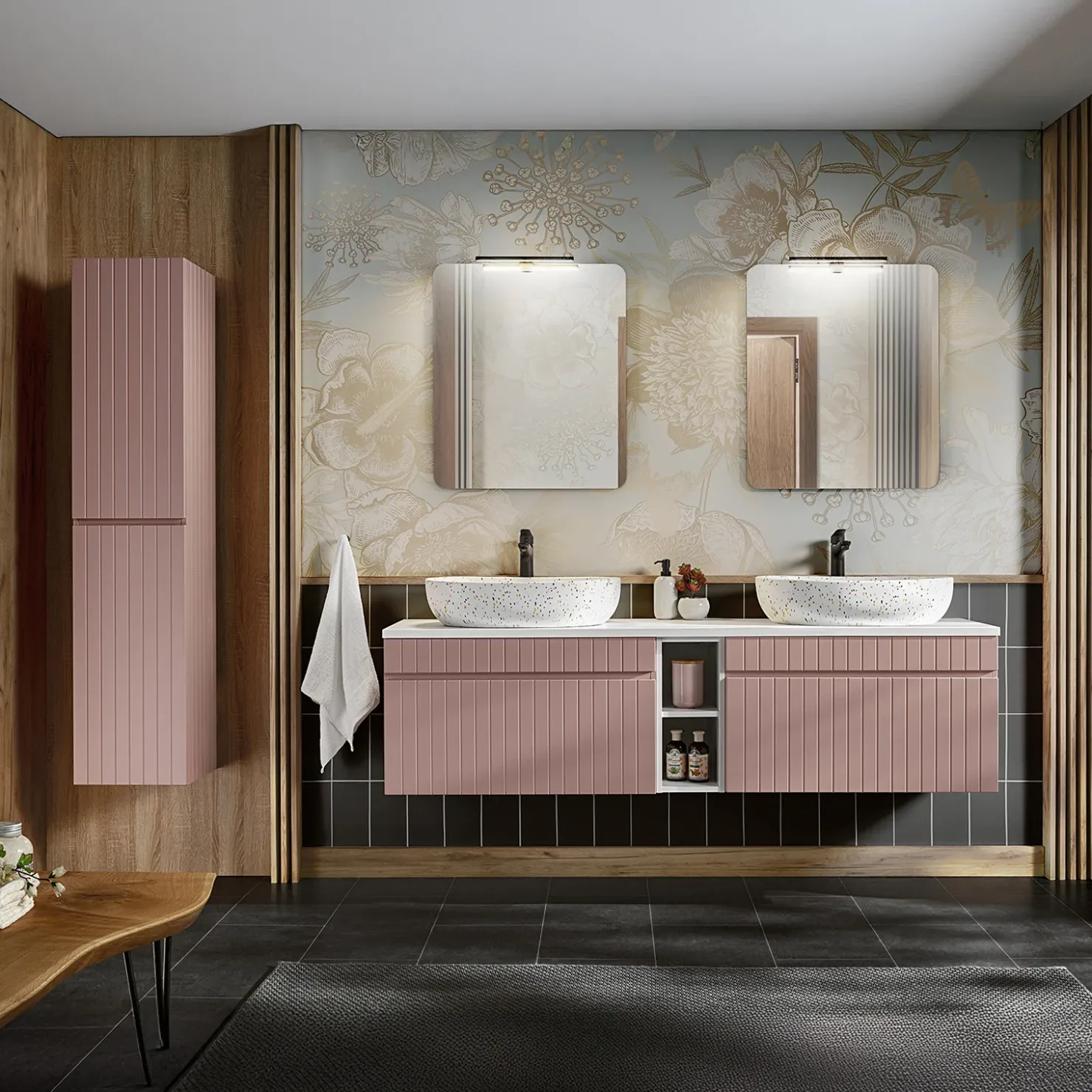 Garnero Arredamenti Mobile bagno sospeso 180cm cannettato con 2 lavabi, colonna e 2 specchi Autentic Rosa New